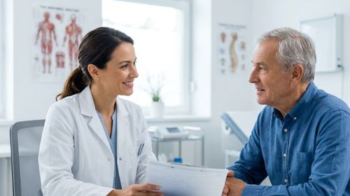 Rheumatologist smiling while consulting senior patient in clinic.