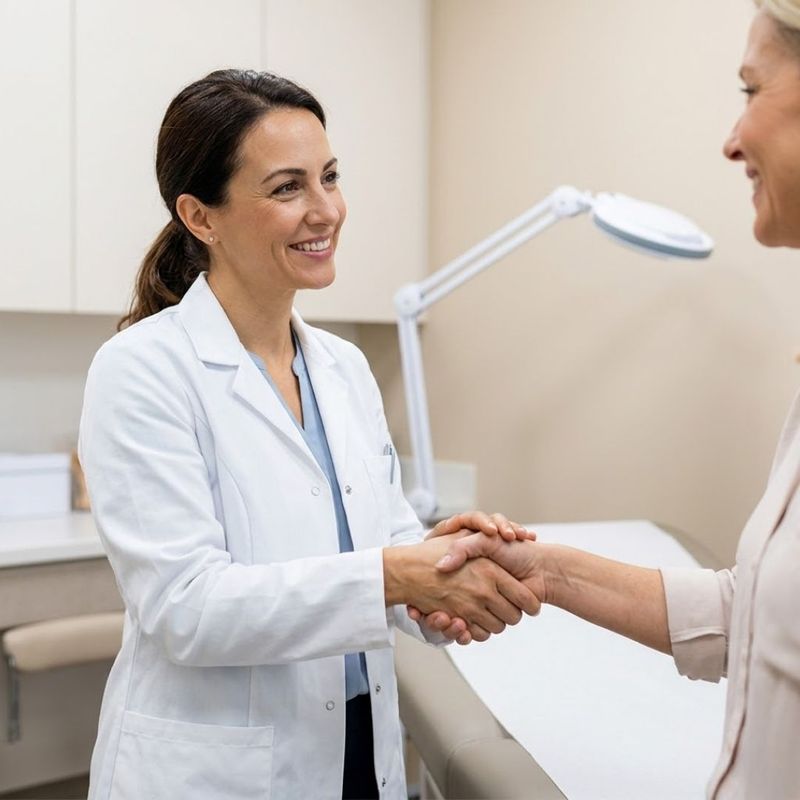 Specialist shaking hands confidently with a patient in an exam room.