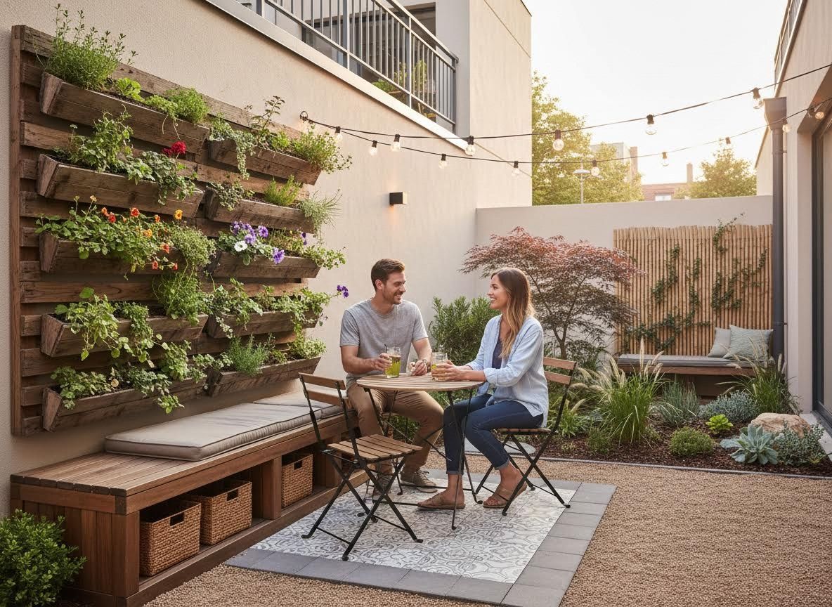 Couple enjoying a modern patio with a vertical garden
