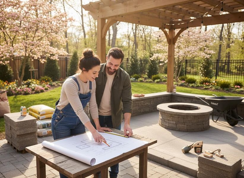 A smiling couple reviews blueprints on a wooden table in a sunny backyard, with a stone fire pit, pavers, and garden tools nearby. Couple planning outdoor patio renovation
