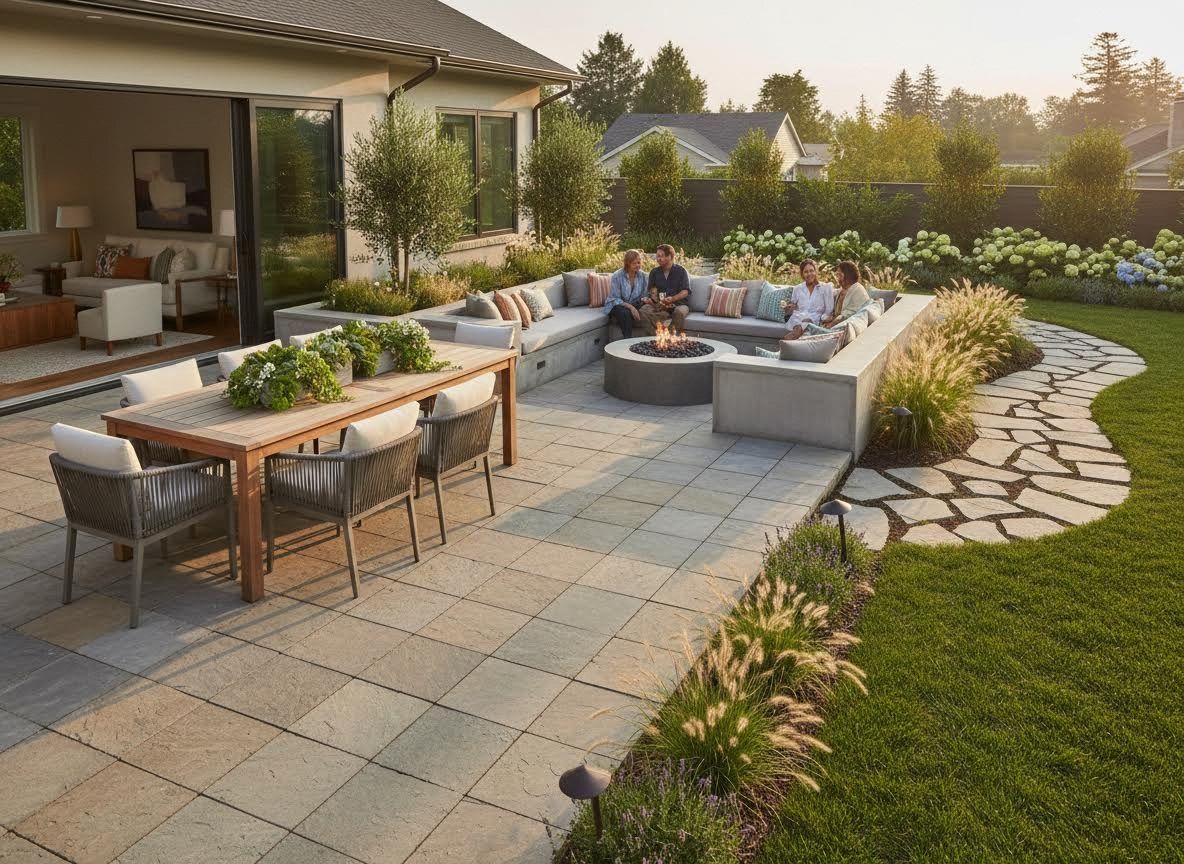 Modern Outdoor Patio with Fire Pit, Dining Area, and Friends