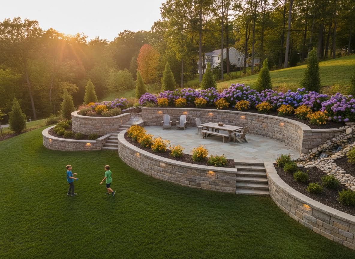 Terraced Backyard Oasis with Stone Patio and Lush Landscaping