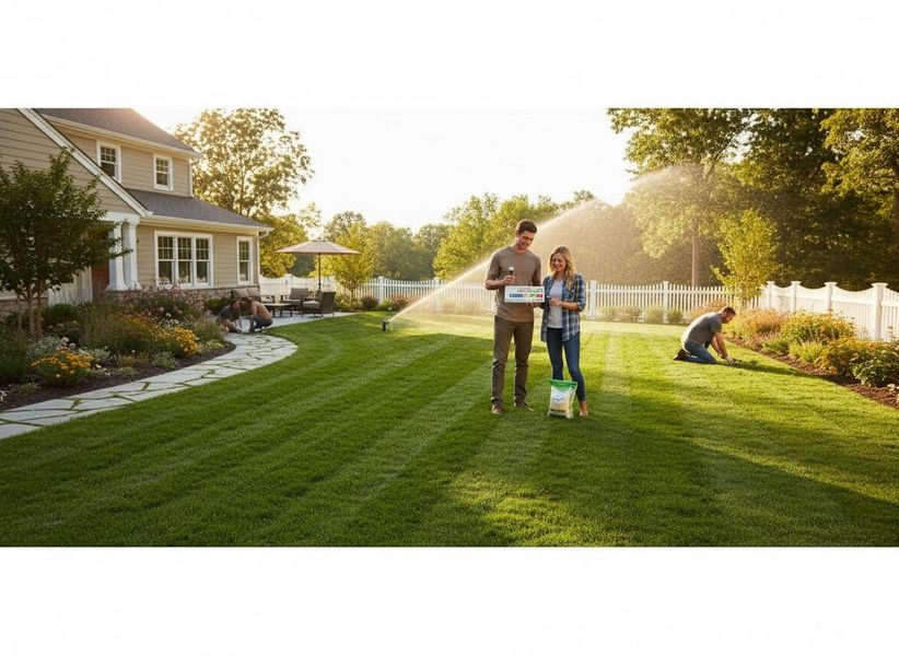 A family works together to care for their vibrant green lawn and garden on a sunny day, with a sprinkler watering the grass. Family maintaining a lush green lawn and garden