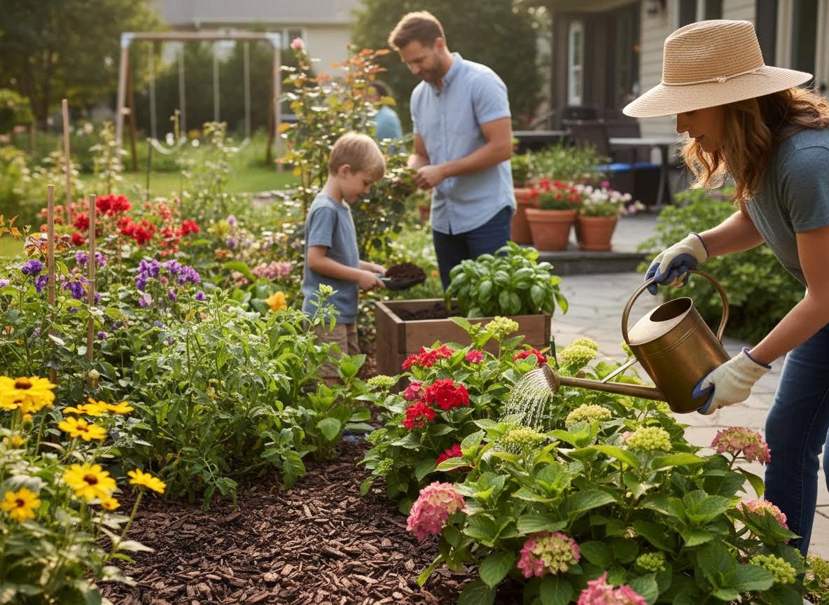 Family gardening together in a lush backyard