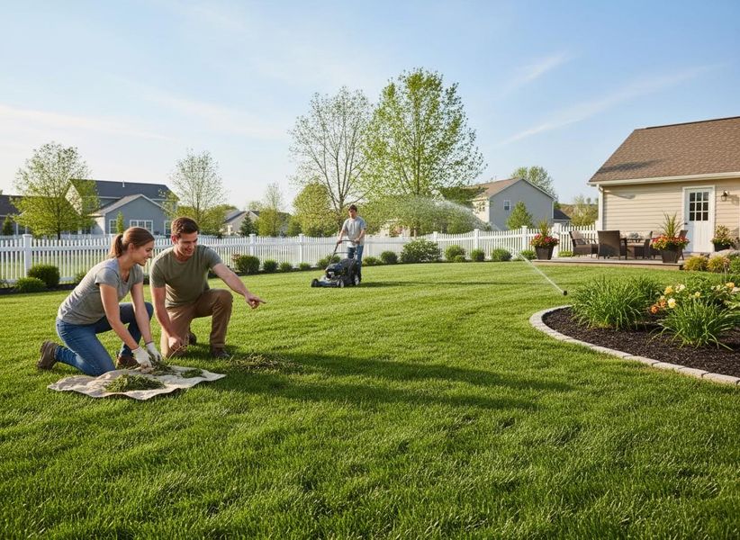 A couple kneels to weed a garden bed in a sunny suburban backyard while a young man mows the lawn, a sprinkler waters the grass, and a house with a white picket fence stands in the background. Family doing yard work in a suburban backyard