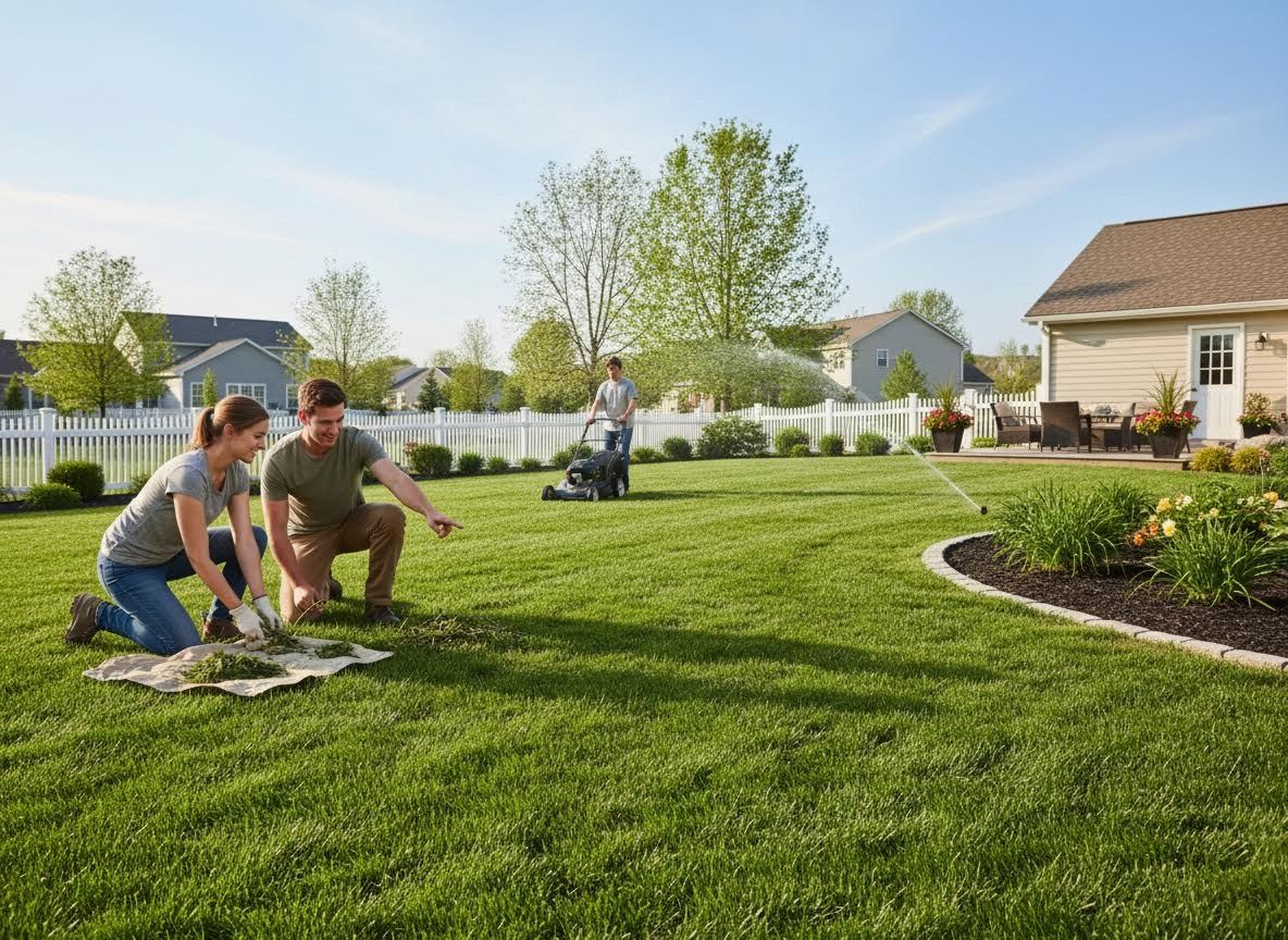 Family doing yard work in a suburban backyard