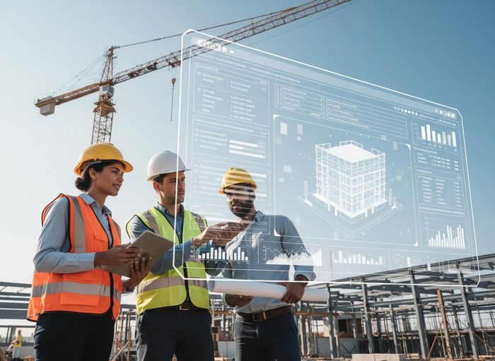 Three construction professionals in hard hats review a holographic 3D building model and data on a job site with a crane in the background. Construction team using augmented reality for building project planning