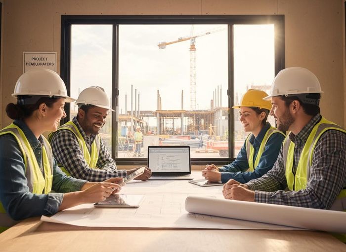 Four diverse construction workers in hard hats and vests review blueprints and digital plans in a site office. Construction Team Collaborating at Project Headquarters