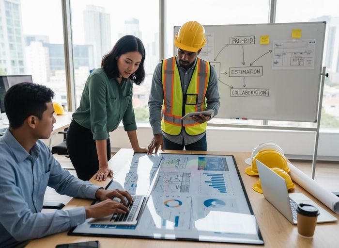 Three professionals, including one in a hard hat, reviewing blueprints and data on a large interactive table in a modern office. Construction and Engineering Team Collaboration