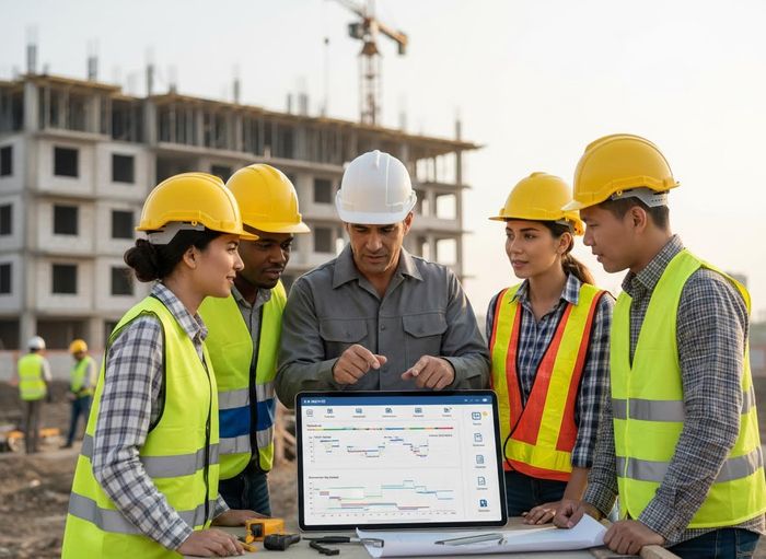 A diverse team of five construction workers in safety gear reviewing project plans and data on a tablet at an active construction site. Diverse Construction Team Reviewing Digital Plans on Site