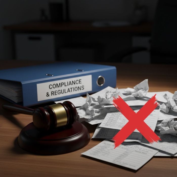 A wooden legal gavel and a compliance binder next to disorganized paper time records