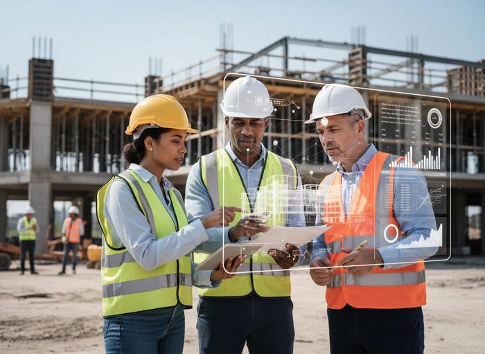Three construction workers, wearing hard hats and safety vests, discuss building plans with a holographic 3D model and data visualizations. Construction Professionals Using Augmented Reality for Site Management