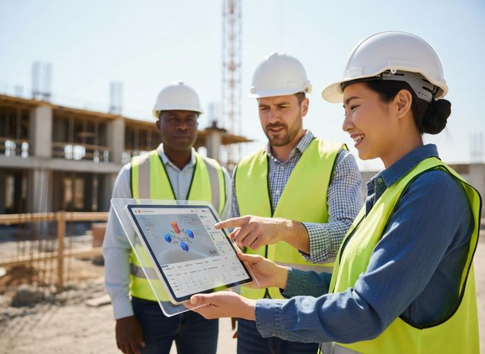 Three diverse construction workers, wearing hard hats and safety vests, discuss data on a tablet at a construction site. Construction workers reviewing project data on a tablet