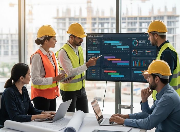 Construction Team Reviewing Project Management Data
