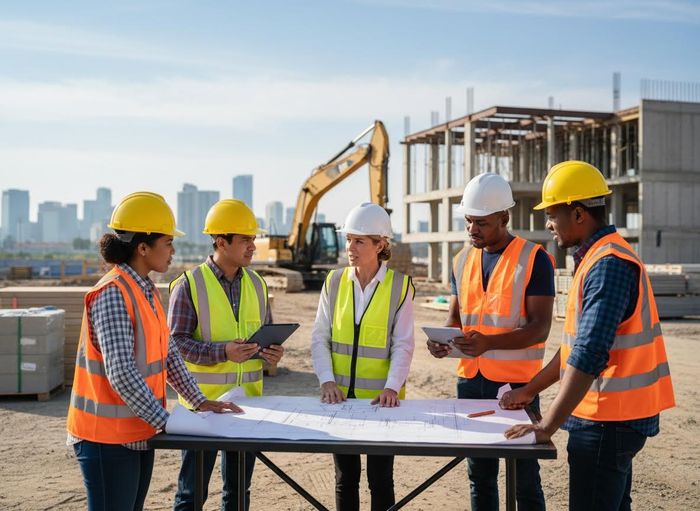 Five construction workers, men and women, in hard hats and safety vests, discuss plans on blueprints at a busy construction site. Diverse Construction Team Reviewing Blueprints on Site
