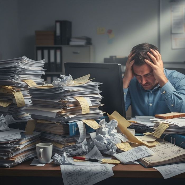 Stressed project manager sitting at a desk cluttered with stacks of paper documents