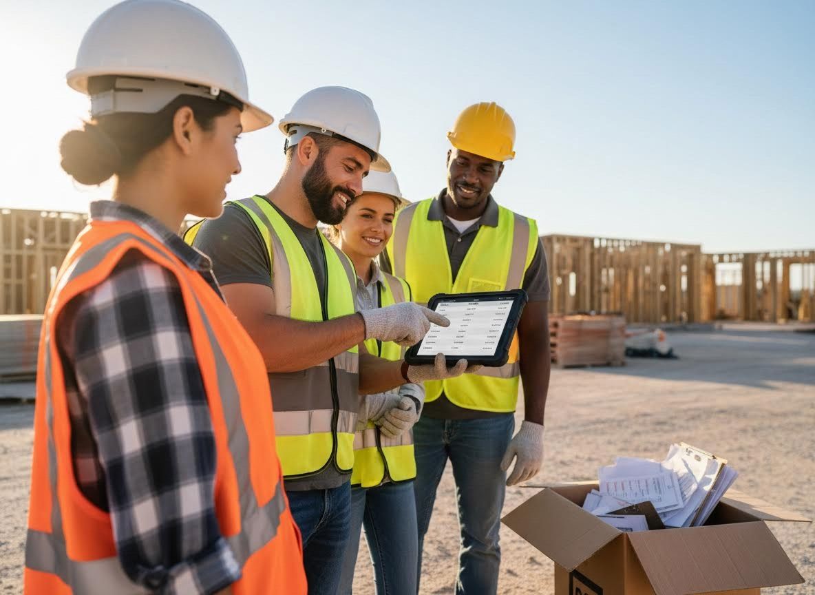 Construction Team Reviewing Digital Plans on Site