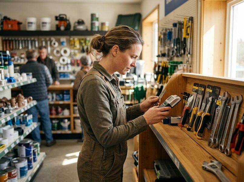 Woman Examines Tools in a Hardware Store