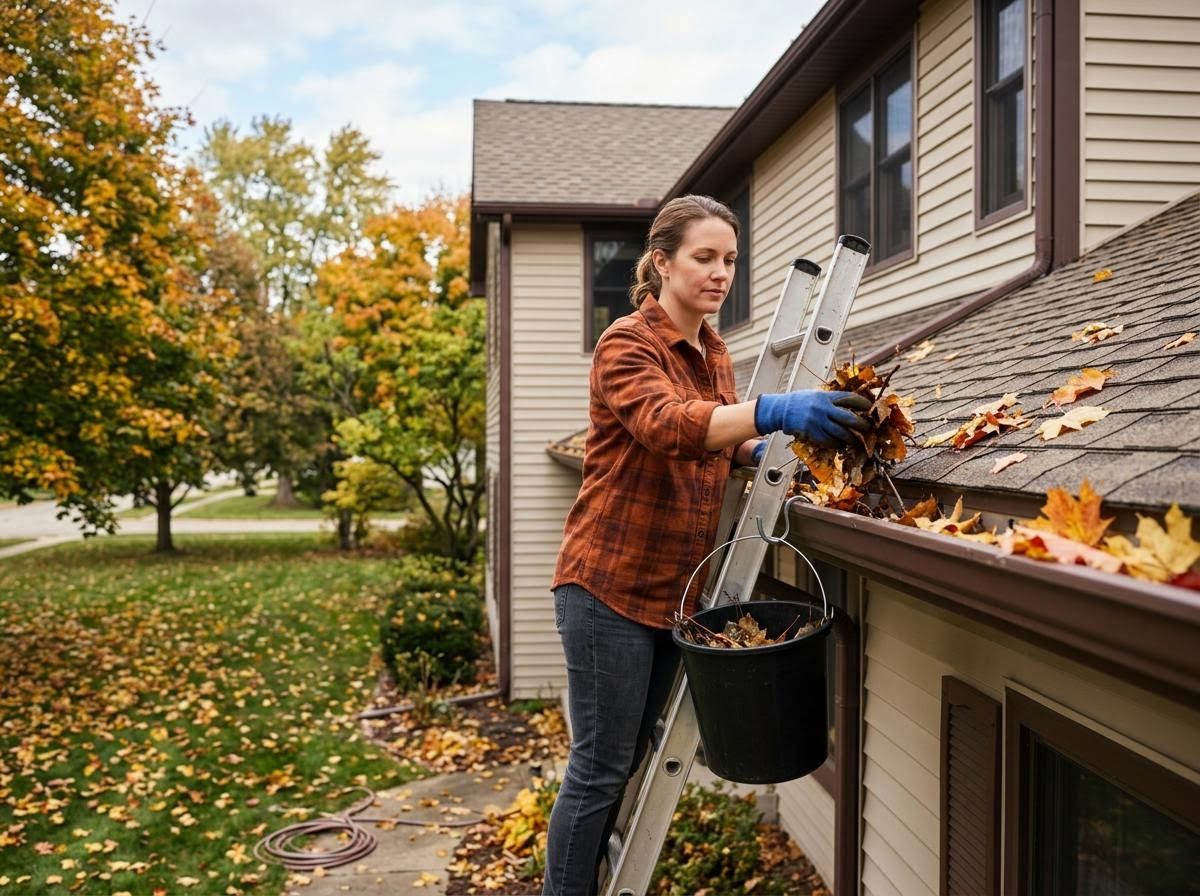 Woman cleaning gutters on a house in autumn