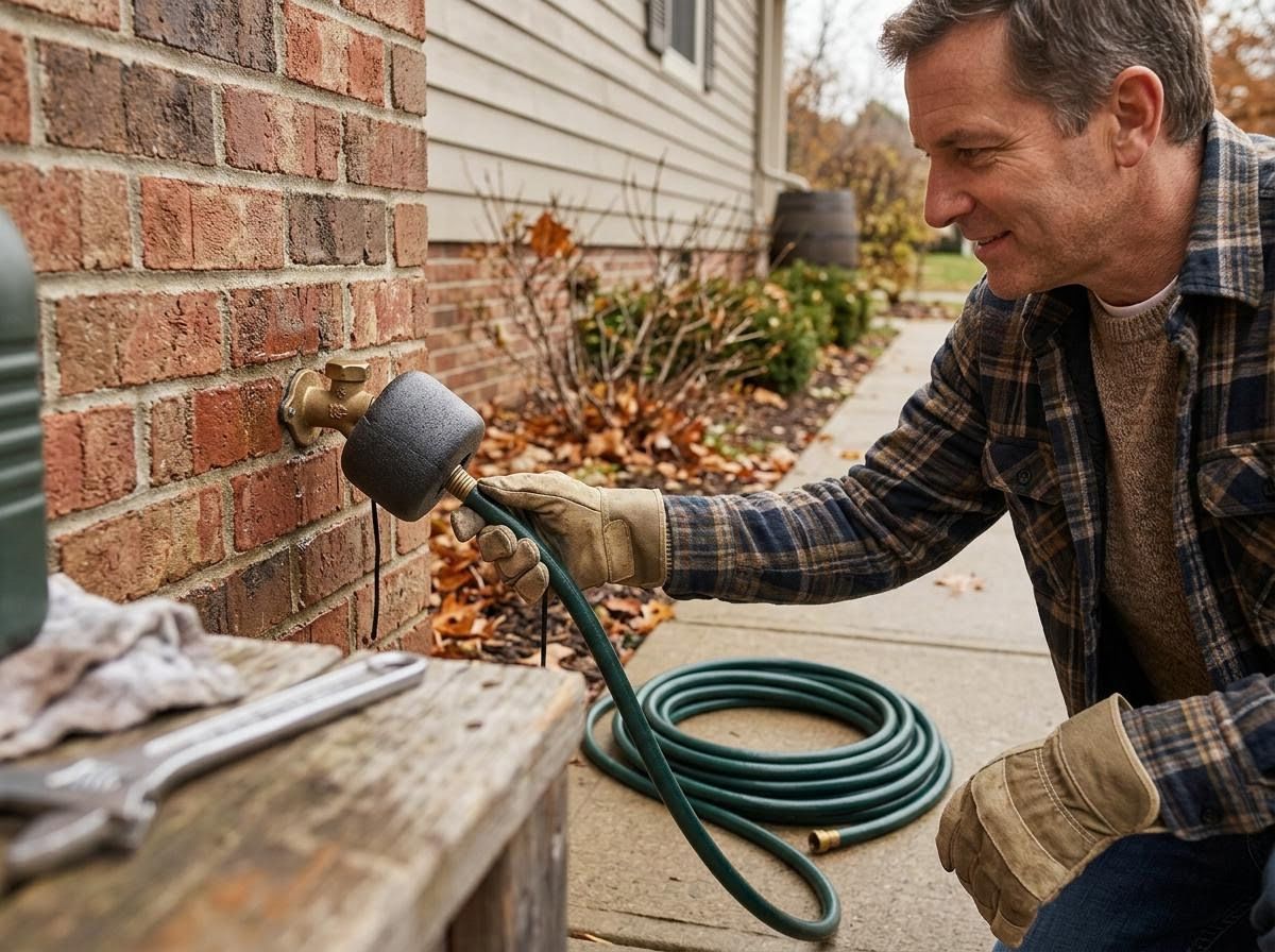 Man connecting garden hose to insulated outdoor spigot