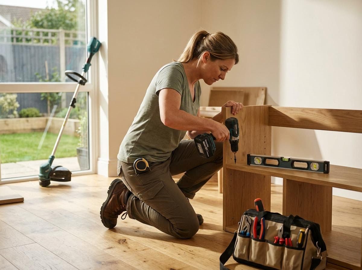 Woman assembling furniture with power drill and tools