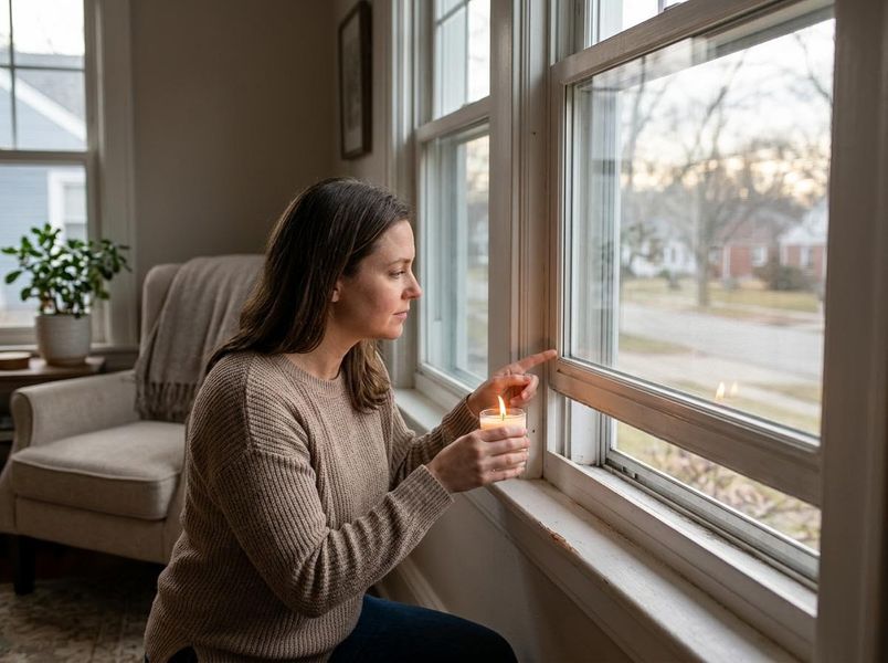 A pensive woman in a brown sweater holds a lit candle, looking out a window at a street, her finger touching the glass. Woman holding lit candle by window