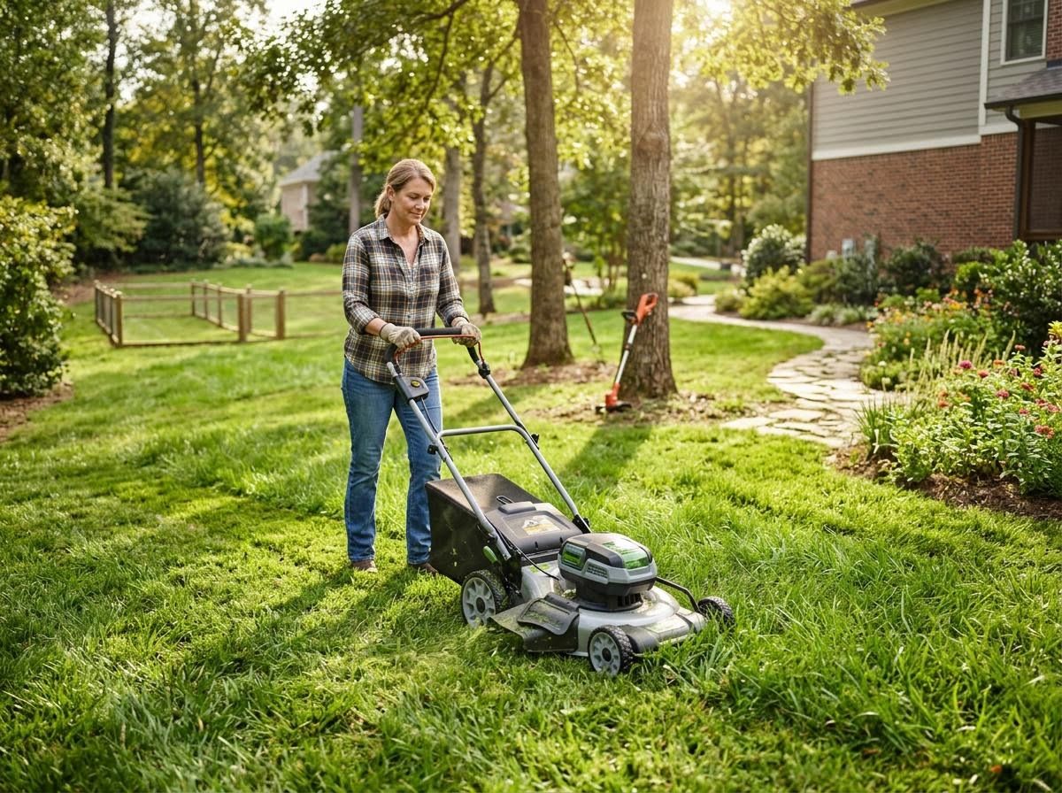 Woman Mowing Lawn with Cordless Mower