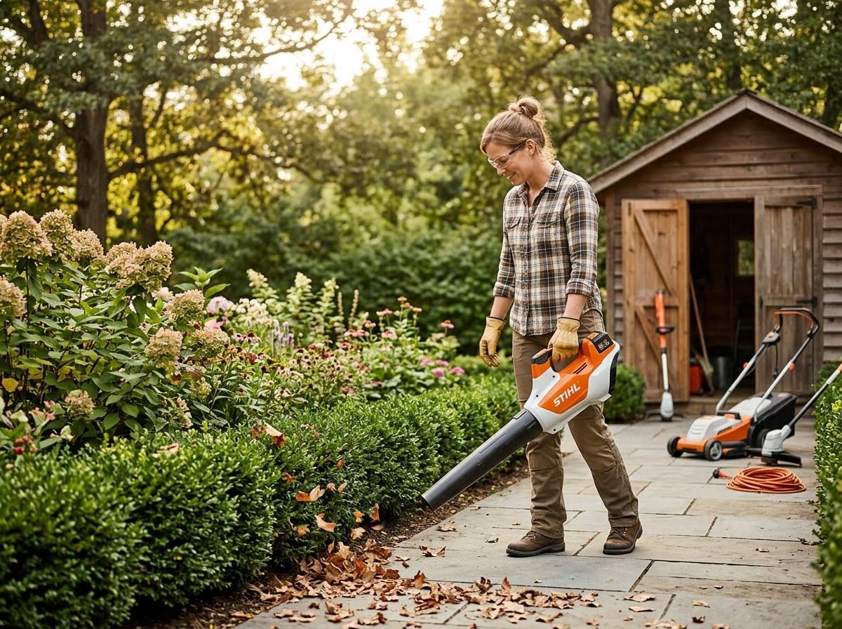 Woman using a Stihl leaf blower to clear leaves from a garden path
