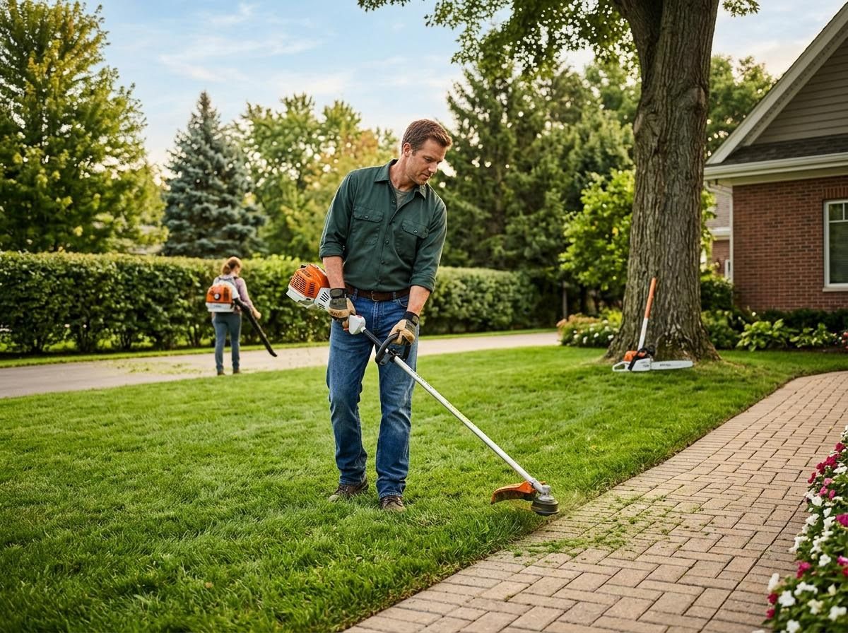 Man trimming lawn edge with string trimmer