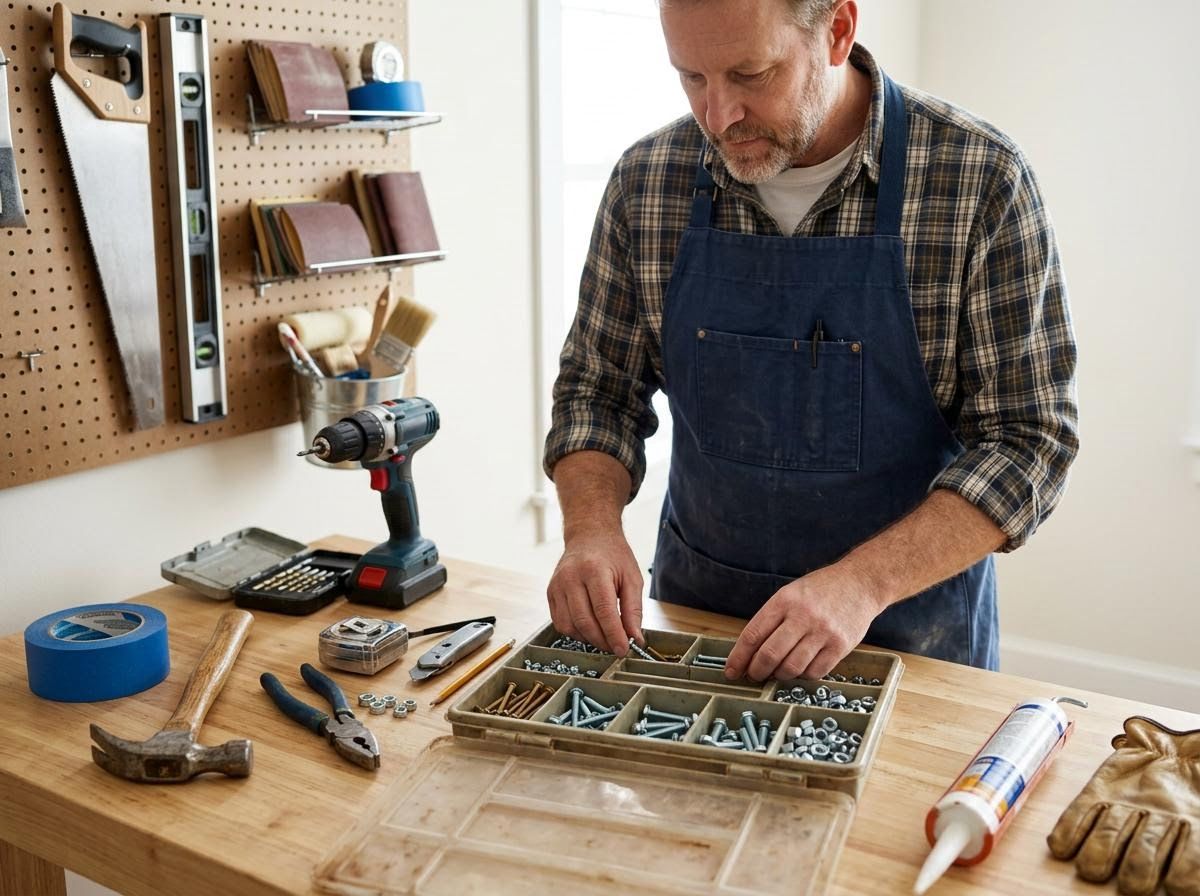 Man Sorting Screws and Bolts in a Workshop