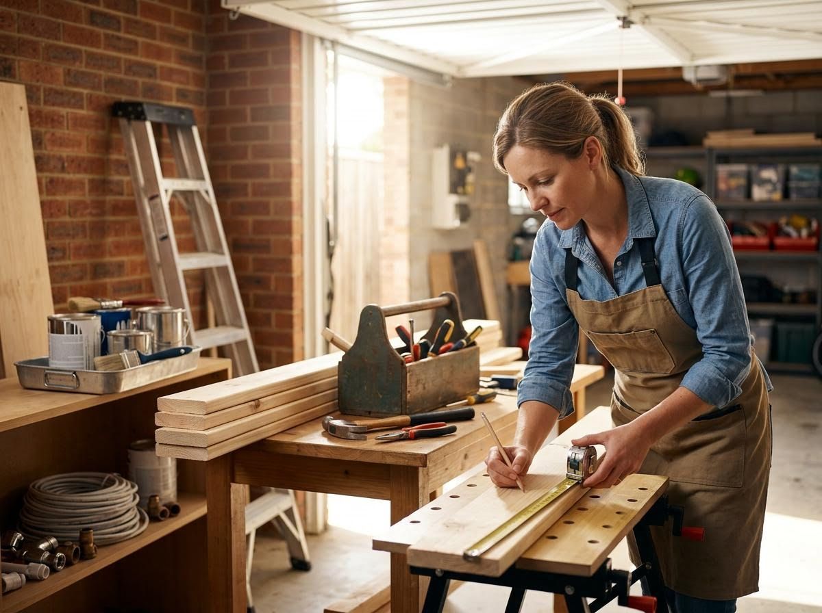 Woman measuring wood in a workshop