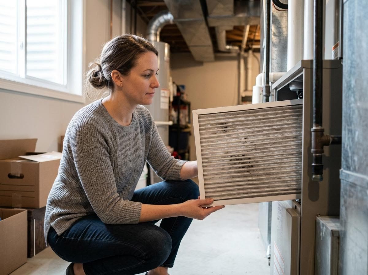 Woman holding dirty furnace air filter