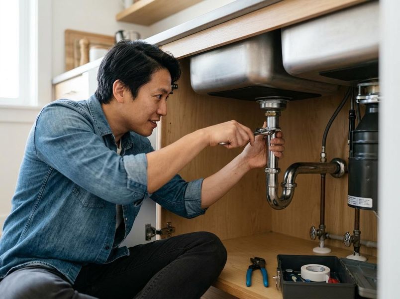 Man fixing plumbing under kitchen sink