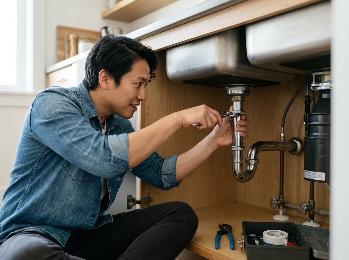 Man fixing plumbing under kitchen sink