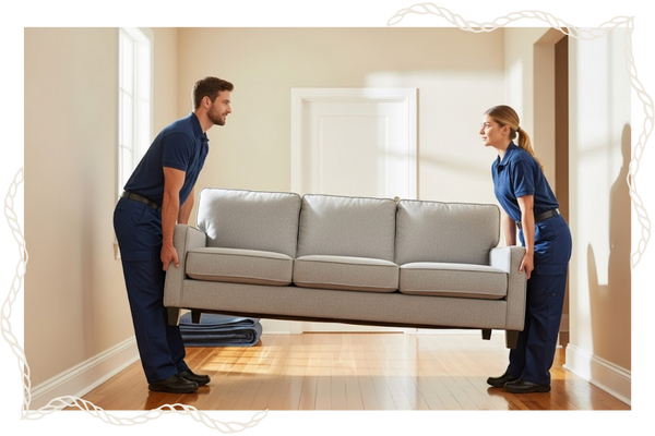 movers carefully moving couch