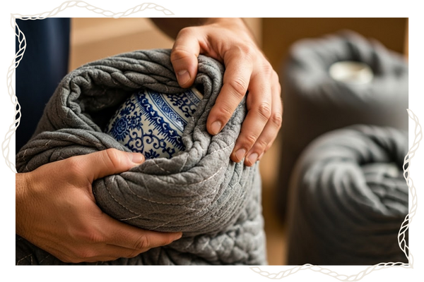 mover carefully wrapping fragile vase in moving blanket