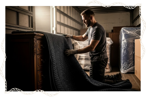 mover in van carefully placing moving blanket on furniture