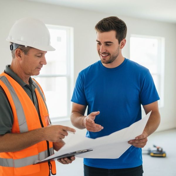 Mover and construction supervisor coordinating logistics near a final punch-list area of a new house.