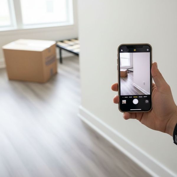 A close-up shot of a hand using a smartphone to take a photo of a clean, undamaged section of an apartment wall or floor, implying a pre-move inspection. In the background, there's a moving box or a glimpse of a sparsely furnished room. A close-up shot of a hand using a smartphone to take a photo of a clean, undamaged section of an apartment wall or floor, implying a pre-move inspection. In the background, there's a moving box or a glimpse of a sparsely furnished room.