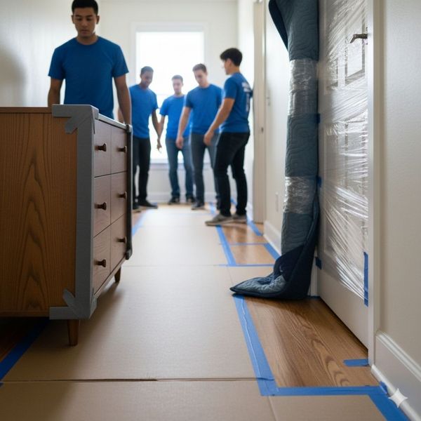 An image showcasing protective measures in an apartment hallway during a move. This includes cardboard or floor runners laid out, furniture corner protectors on a large item, and perhaps a doorway wrapped in protective film or blankets. An image showcasing protective measures in an apartment hallway during a move. This includes cardboard or floor runners laid out, furniture corner protectors on a large item, and perhaps a doorway wrapped in protective film or blankets.