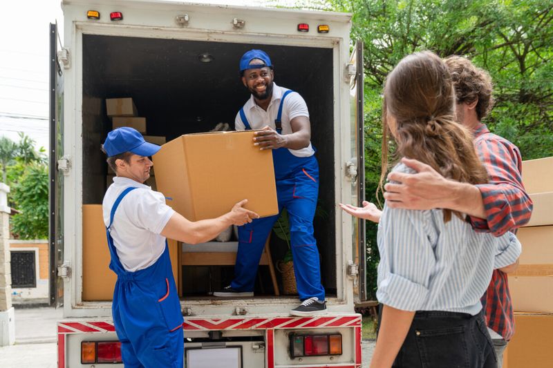 movers moving box out of truck while clients watch