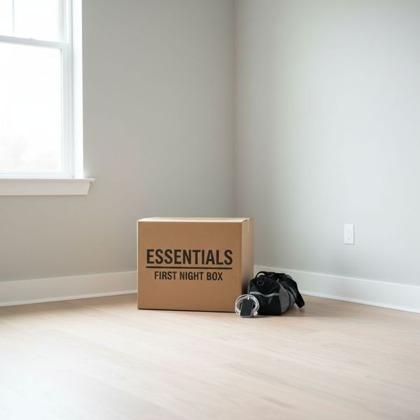 Clearly labeled "ESSENTIALS" moving box placed safely in the corner of an empty, new bedroom.