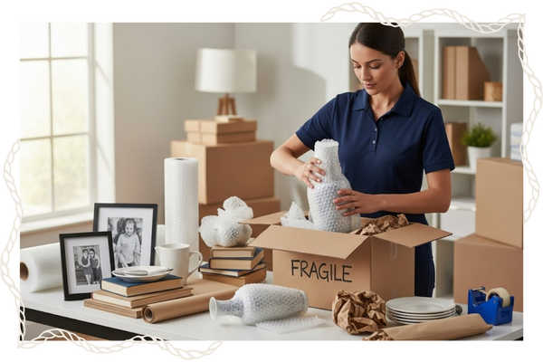 professional mover carefully packing fragile items
