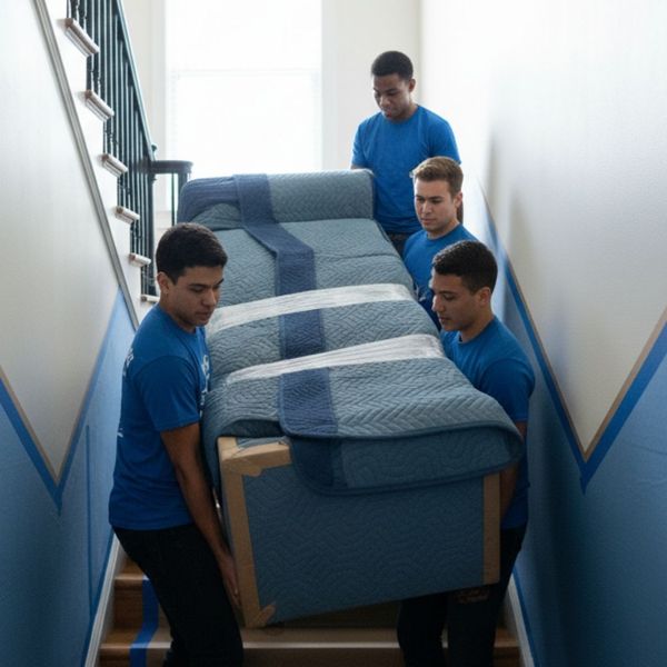 Big Student Movers team members carefully navigating a bulky sofa (wrapped in blankets/plastic) through an apartment doorway or down a stairwell. The focus is on their teamwork and strategic handling to prevent damage. Big Student Movers team members carefully navigating a bulky sofa (wrapped in blankets/plastic) through an apartment doorway or down a stairwell. The focus is on their teamwork and strategic handling to prevent damage.