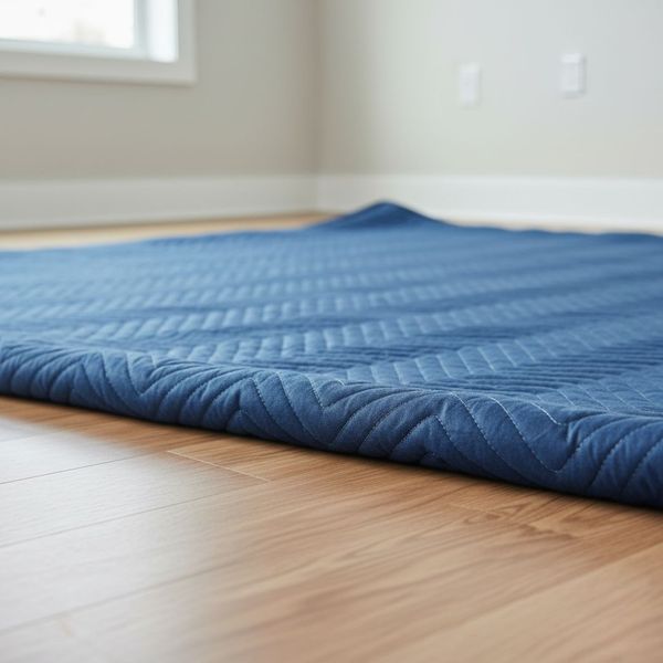 Close-up of heavy-duty moving blanket protecting a brand new hardwood floor during a move.