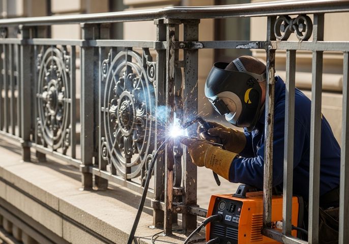 A welder wearing a protective mask and gloves is shown repairing a decorative metal railing. Sparks are flying from the welding point, and the orange welding machine sits on the ground nearby. The railing features circular, floral-like designs. Welder Repairing Metal Railing with Safety Gear