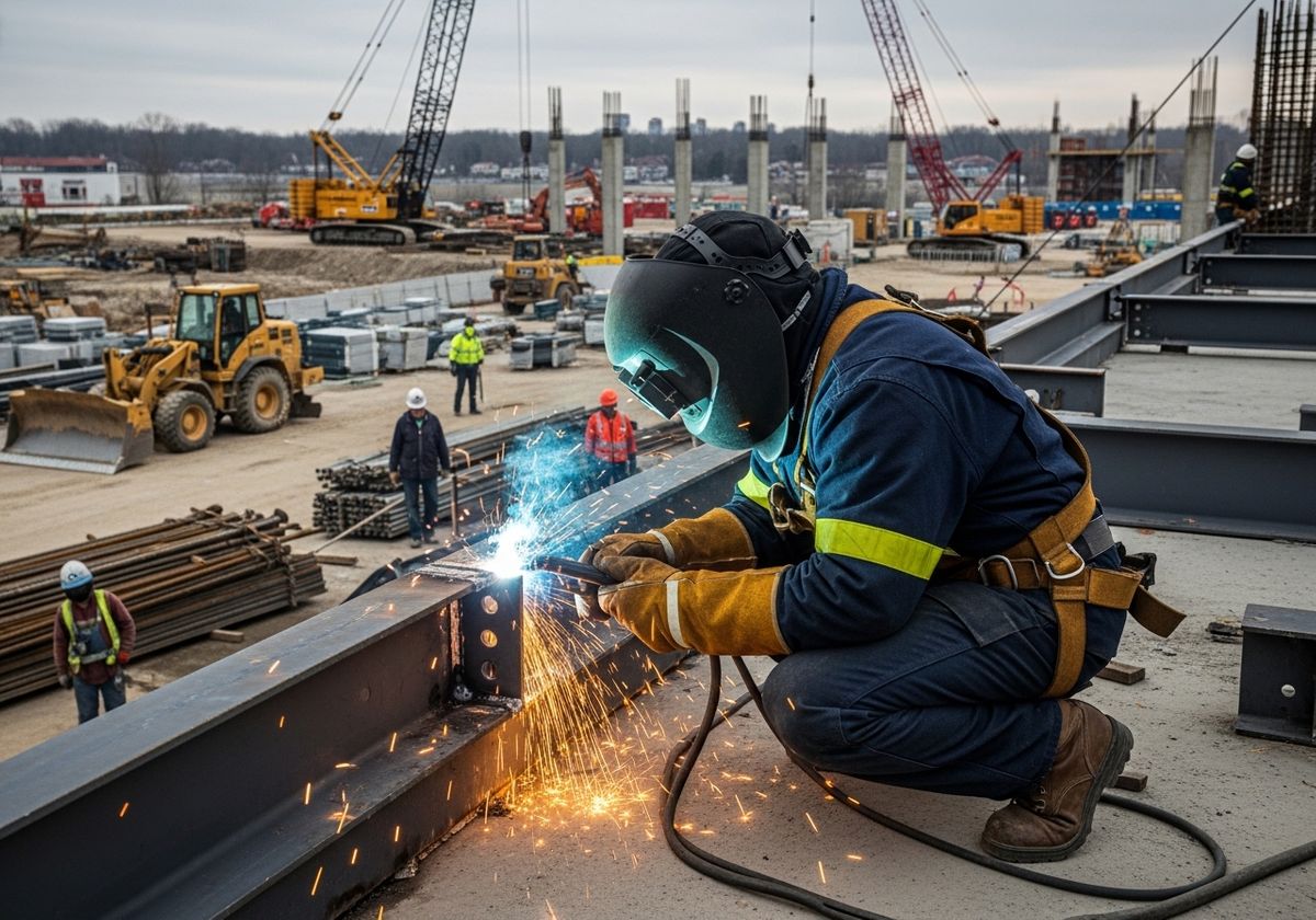 Construction Worker Welding Steel Beam