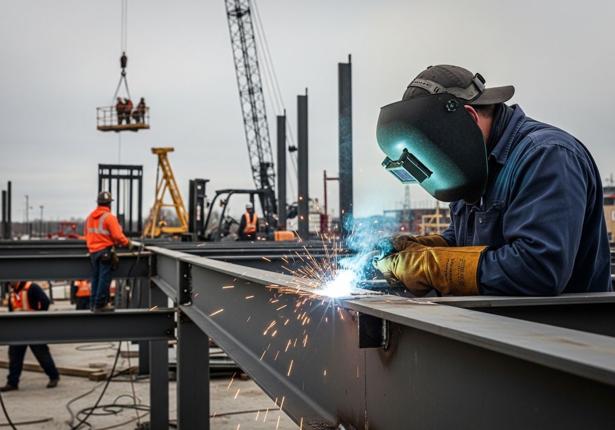 Construction Worker Welding Steel Beam