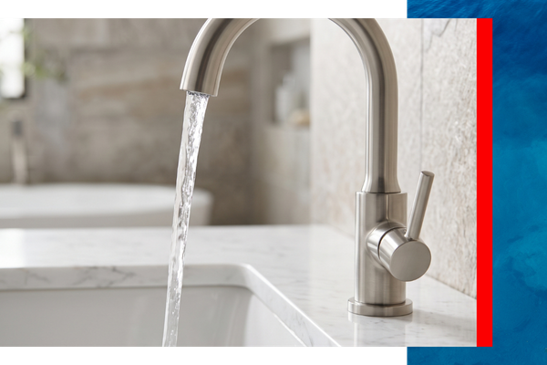 Pristine, whole-home filtered water flowing from a luxury bathroom faucet.