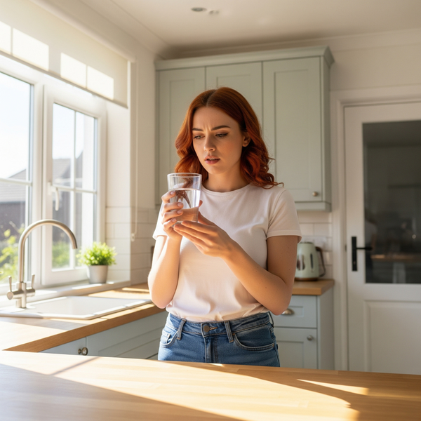 A homeowner looking at a glass of water with a concerned expression, indicating bad taste or smell.